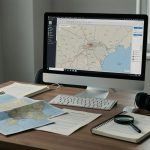 Bureau de journaliste sobre avec cartes de l’Ukraine, documents neutres, écran présentant une carte abstraite et outils de vérification.