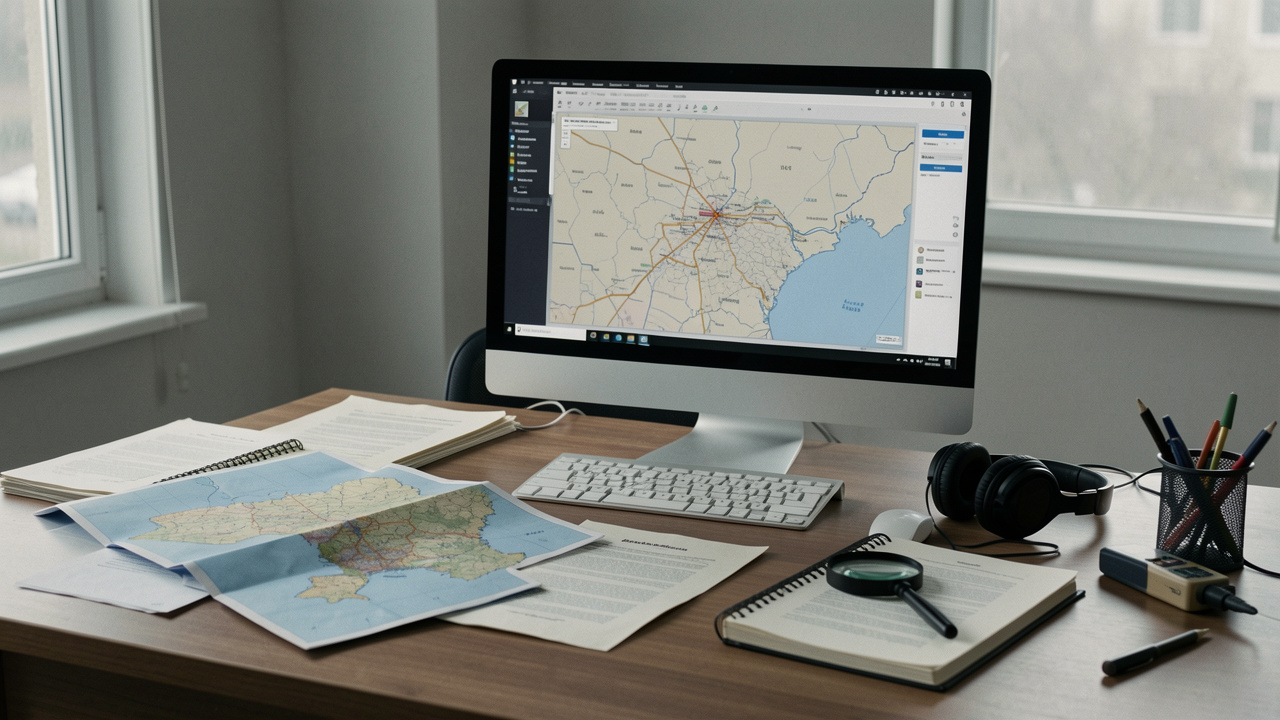 Bureau de journaliste sobre avec cartes de l’Ukraine, documents neutres, écran présentant une carte abstraite et outils de vérification.