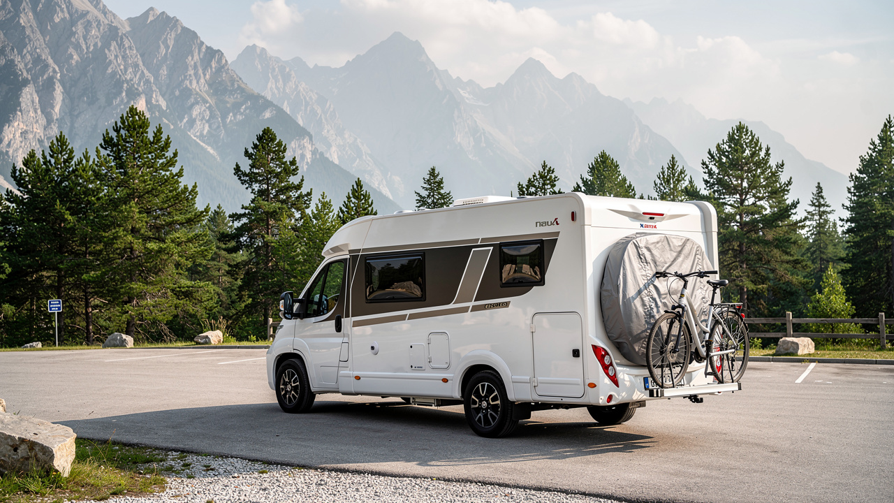 Camping-car stationné sur une aire de montagne, avec deux vélos recouverts d’une housse ajustée sur le porte-vélos arrière, dans une lumière naturelle réaliste.