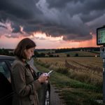 Quels bons réflexes choisir avec la vigilance météorologique de Météo-France ? Une femme consulte une alerte météo sur son téléphone tandis que des nuages orageux couvrent le ciel au bord d’une route en France, ambiance réaliste de reportage.