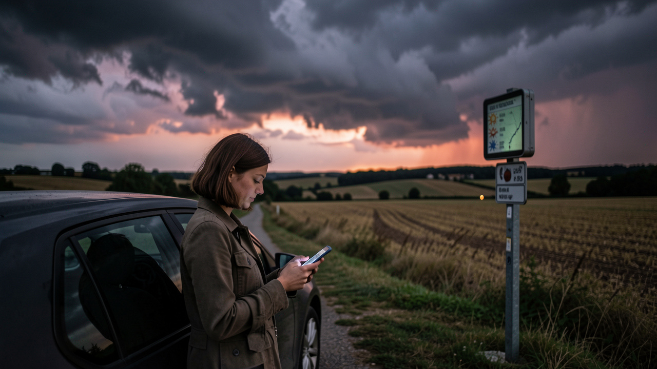 Une femme consulte une alerte météo sur son téléphone tandis que des nuages orageux couvrent le ciel au bord d’une route en France, ambiance réaliste de reportage.