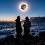 Les 7 meilleurs lieux pour observer en sécurité l’éclipse solaire du 12 août 2026 Une éclipse solaire totale observée depuis une côte islandaise, avec les silhouettes de deux voyageurs portant des lunettes de protection face à l’océan et aux montagnes volcaniques.