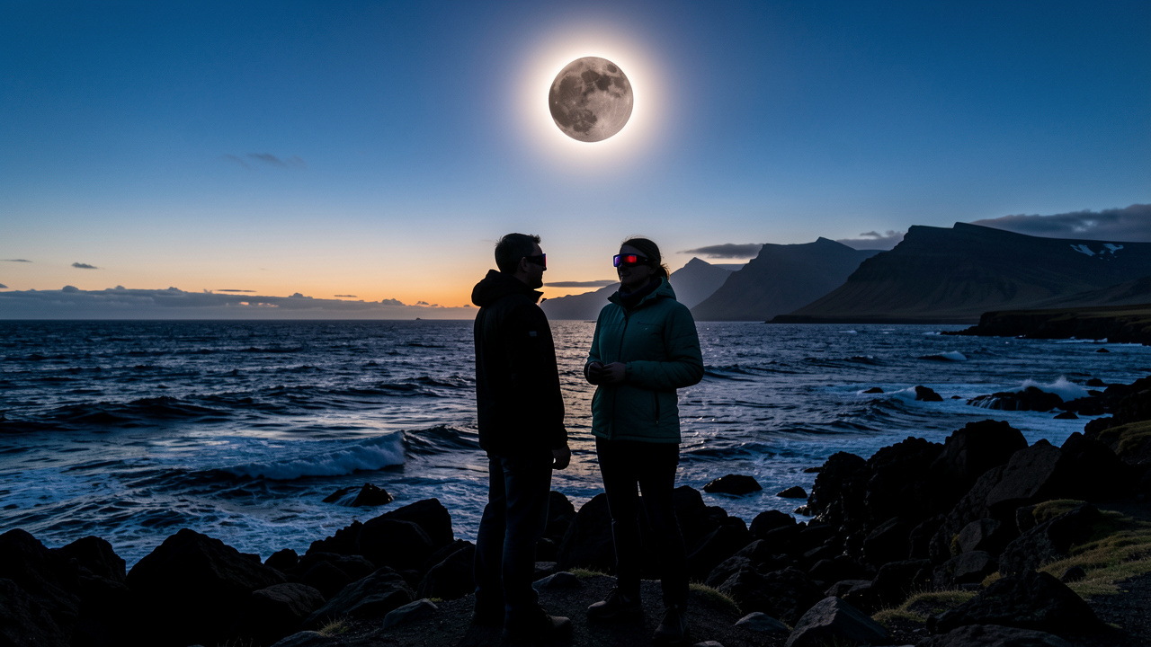 Une éclipse solaire totale observée depuis une côte islandaise, avec les silhouettes de deux voyageurs portant des lunettes de protection face à l’océan et aux montagnes volcaniques.