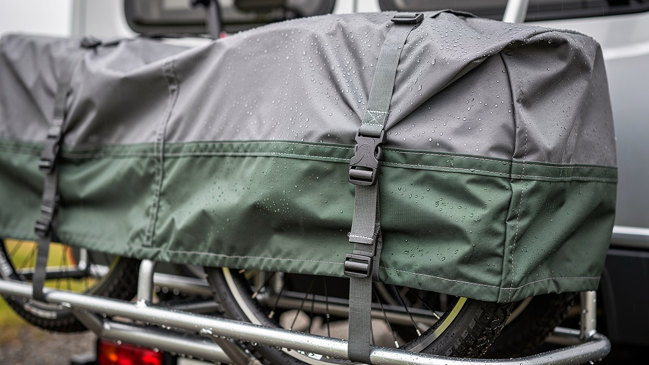 Gros plan d’une housse de vélo imperméable avec sangles et coutures renforcées, installée sur des vélos fixés à un porte-vélos de camping-car sous une pluie légère.