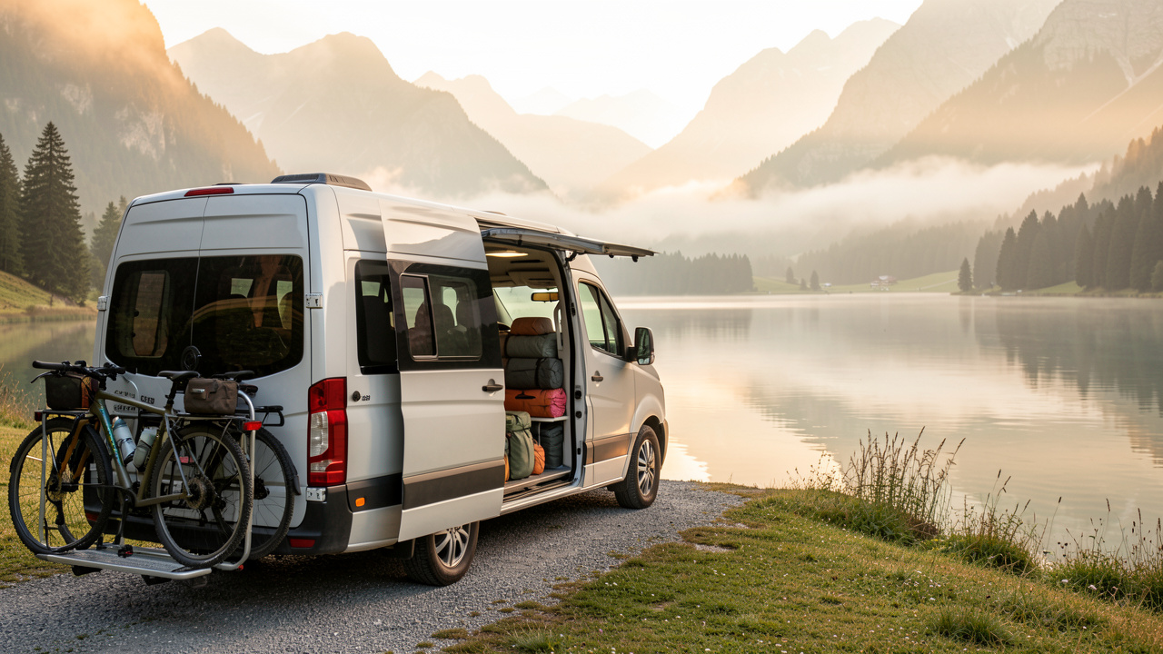 Camping-car stationné au bord d’un lac avec des vélos chargés et du matériel de voyage soigneusement rangé dans la lumière douce du matin.