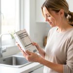 Comment l’Agence fédérale pour la sécurité de la chaîne alimentaire vous alerte-t-elle ? Une femme belge vérifie attentivement l’étiquette et le numéro de lot d’un produit alimentaire dans une cuisine lumineuse.