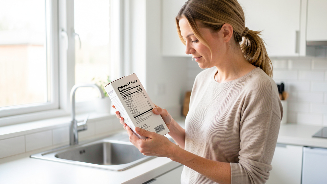 Une femme belge vérifie attentivement l’étiquette et le numéro de lot d’un produit alimentaire dans une cuisine lumineuse.