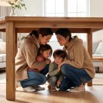 Comment reconnaître une secousse sismique et se protéger à la maison ? Une famille composée d’un homme, d’une femme et de deux enfants s’abrite calmement sous une table solide pendant une légère secousse sismique, dans un salon lumineux.