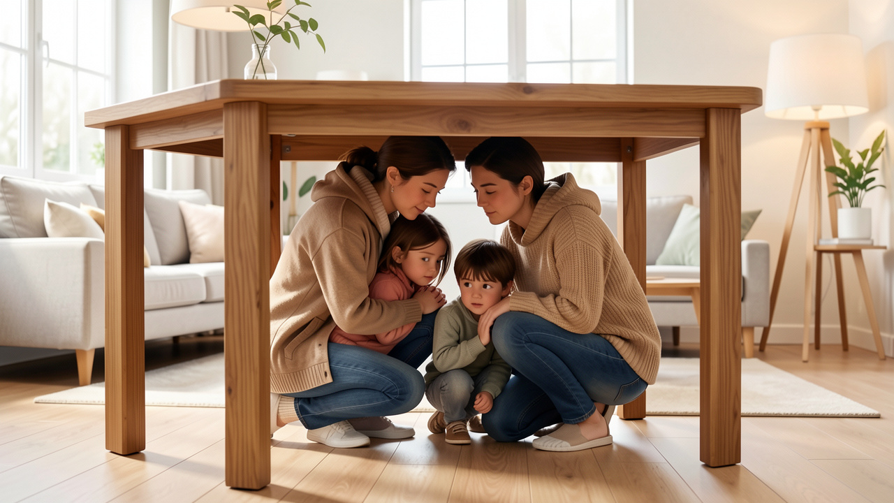 Une famille composée d’un homme, d’une femme et de deux enfants s’abrite calmement sous une table solide pendant une légère secousse sismique, dans un salon lumineux.
