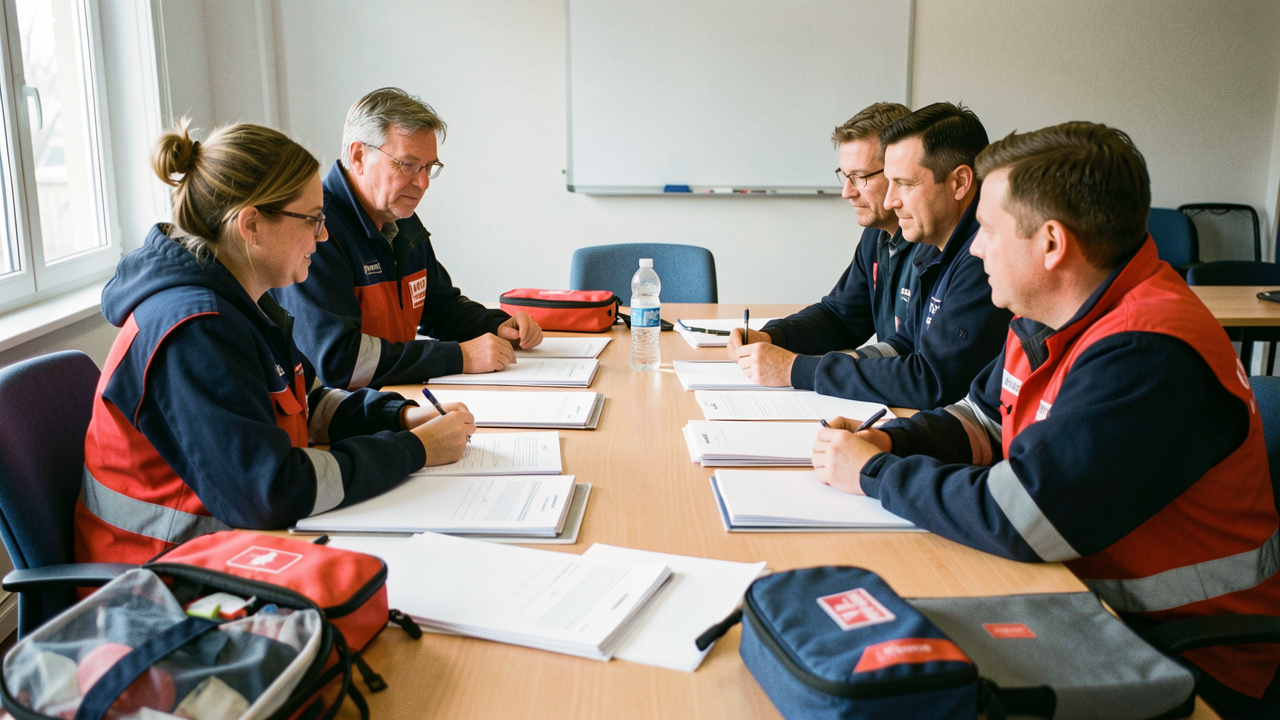 Une équipe mixte de bénévoles de la sécurité civile française réunie autour d’une table avec des dossiers administratifs vierges et du matériel discret de premiers secours dans une salle de réunion.