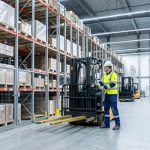 Quels dispositifs choisir pour l’intralogistique de défense conforme à EN 528 en MCO ? Entrepôt militaire moderne avec un transtockeur automatisé dans une allée de rayonnages, des clôtures de sécurité et un opérateur équipé.