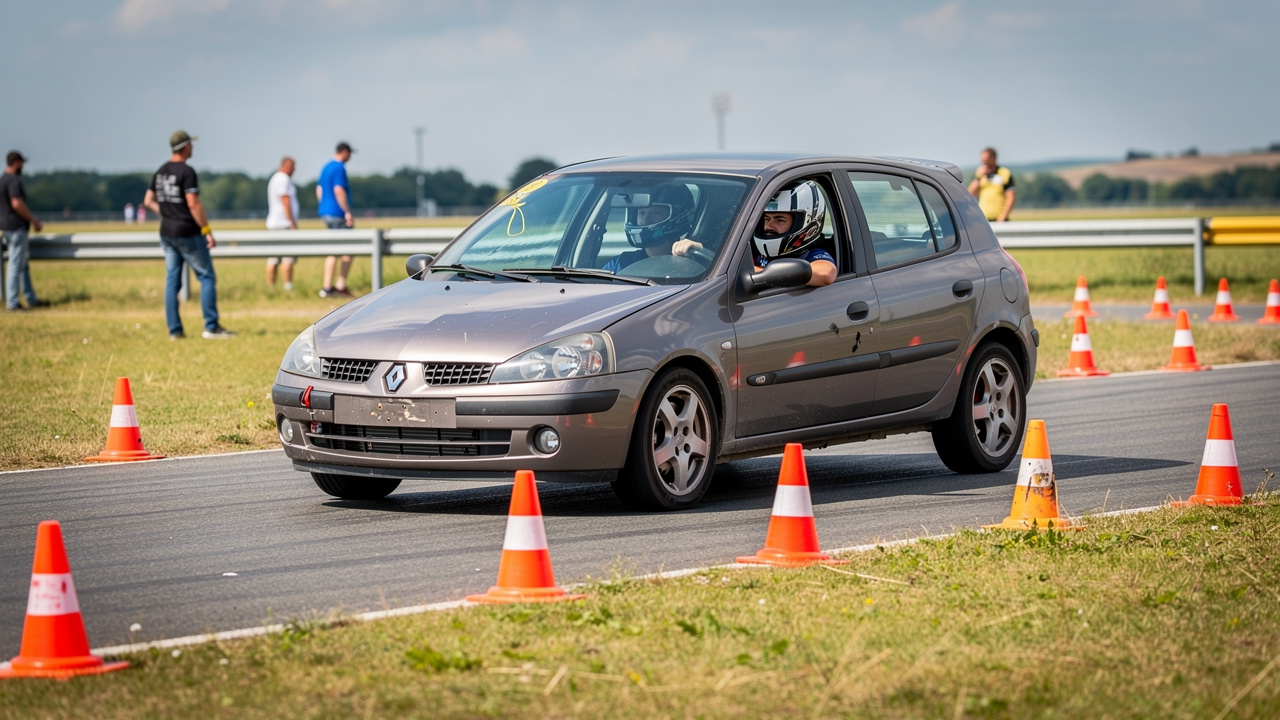 Jeune homme amateur casqué au volant d'une petite citadine traversant un parcours de slalom bordé de cônes orange lors d'une journée sportive locale.