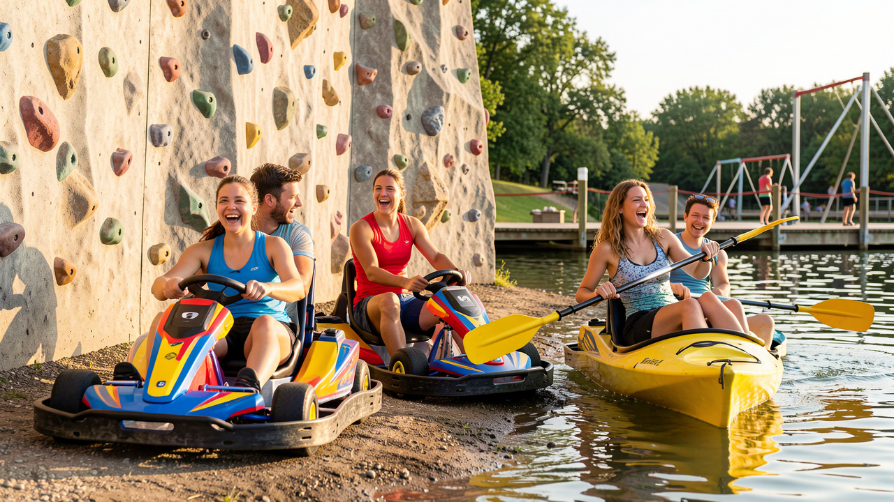 Quatre jeunes adultes découvrent avec enthousiasme le karting, l’escalade et le kayak dans une ambiance dynamique et accessible.