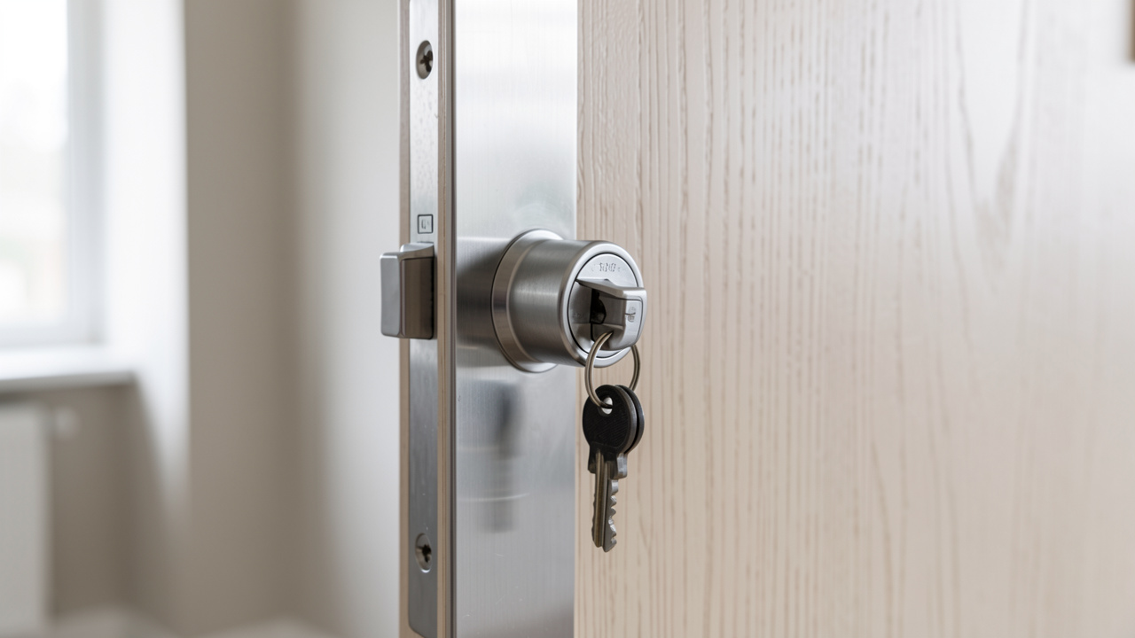 Gros plan réaliste sur le cylindre de serrure et le trousseau de clés d’une porte d’entrée d’appartement vue de l’intérieur, dans une ambiance claire et sobre.