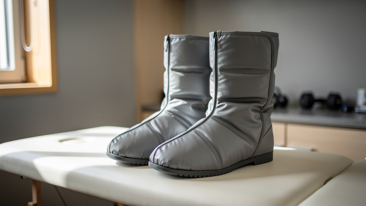 Bottes modernes de pressothérapie posées dans un espace sobre de récupération sportive, avec une vue détaillée de leurs chambres de compression.