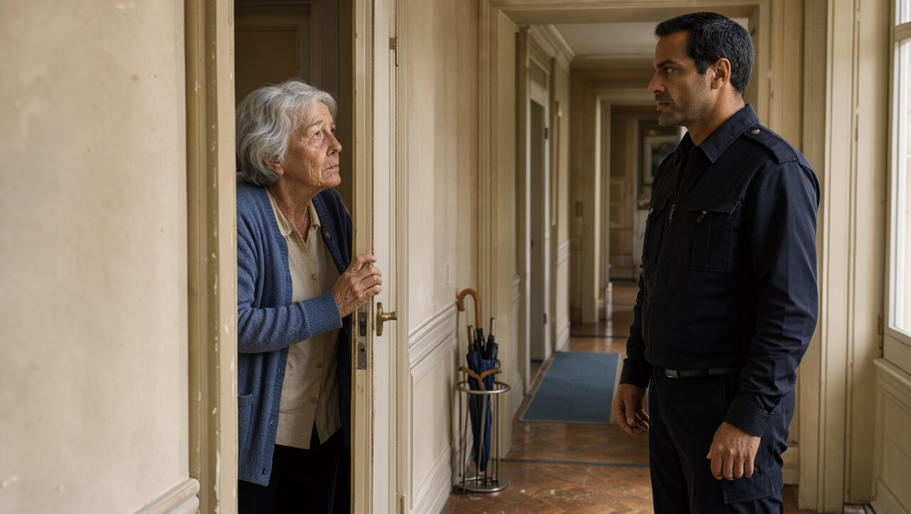 Une femme senior observe prudemment un homme en tenue de policier depuis la porte entrouverte de son appartement parisien.