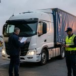 Quai logistique sécurisé avec un chauffeur contrôlé par deux agents devant une remorque scellée.