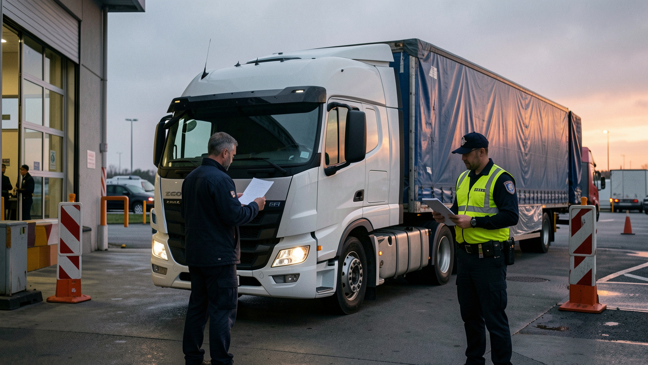 Quai logistique sécurisé avec un chauffeur contrôlé par deux agents devant une remorque scellée.
