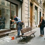 Quelles applications de l’hypothèse de la vitre brisée choisir en sécurité publique ? Rue urbaine française bien entretenue où deux agents municipaux réparent une vitrine et restaurent un banc public, sous le regard de deux habitants.