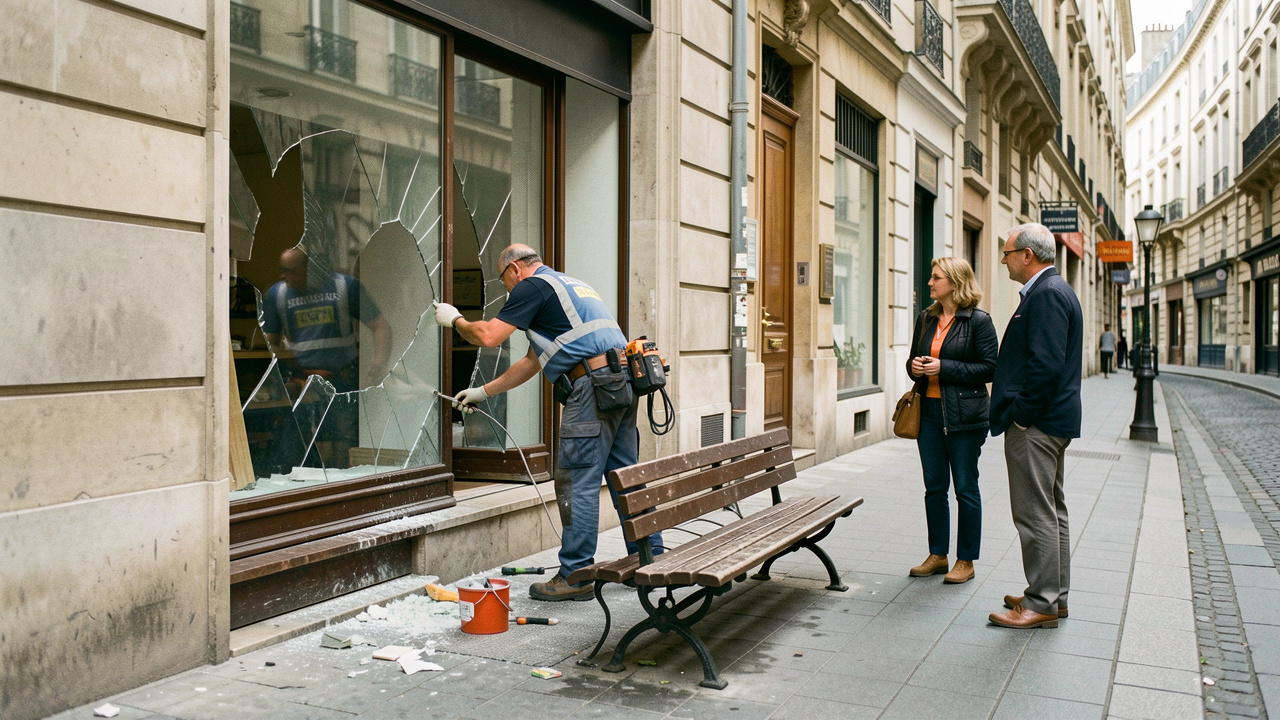 Rue urbaine française bien entretenue où deux agents municipaux réparent une vitrine et restaurent un banc public, sous le regard de deux habitants.