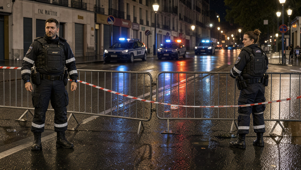 Rue urbaine française de nuit, avec deux membres des forces de l’ordre sécurisant calmement un périmètre et des véhicules de police en retrait.