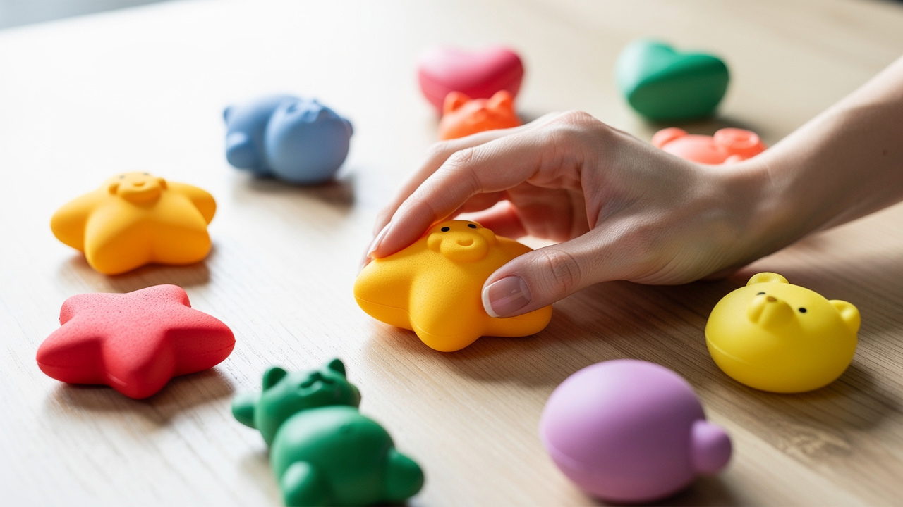 Gros plan de plusieurs squishies anti-stress colorés de formes variées sur une table claire, tandis qu’une main de femme en presse doucement un.